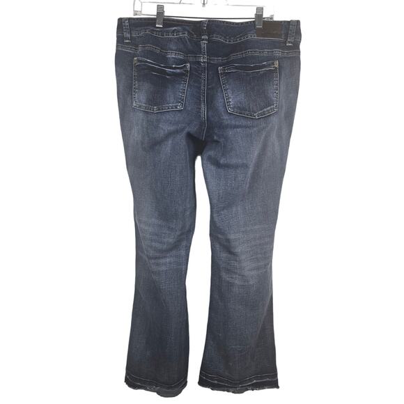 Maurices Whiskering Distressed Bootcut Exposed Button Fly Drop Hem Jeans  16R - Picture 2 of 4